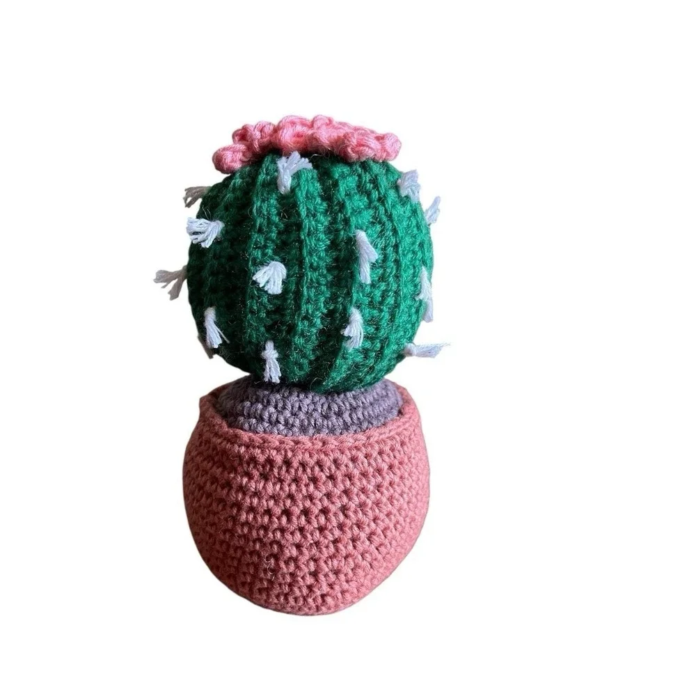 Handmade Crochet Ball Cactus with Pink Flowers Decorative Crocheted Plant Spikes